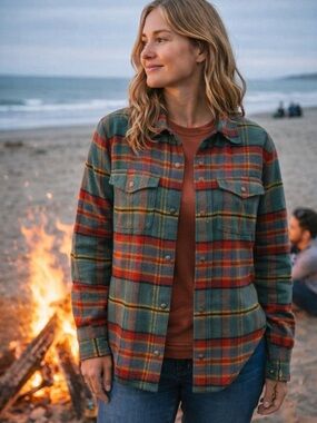 Toad & Co Women's Plaid Shirt Jacket XL Green Red Wool Blend Snap Front Shacket
